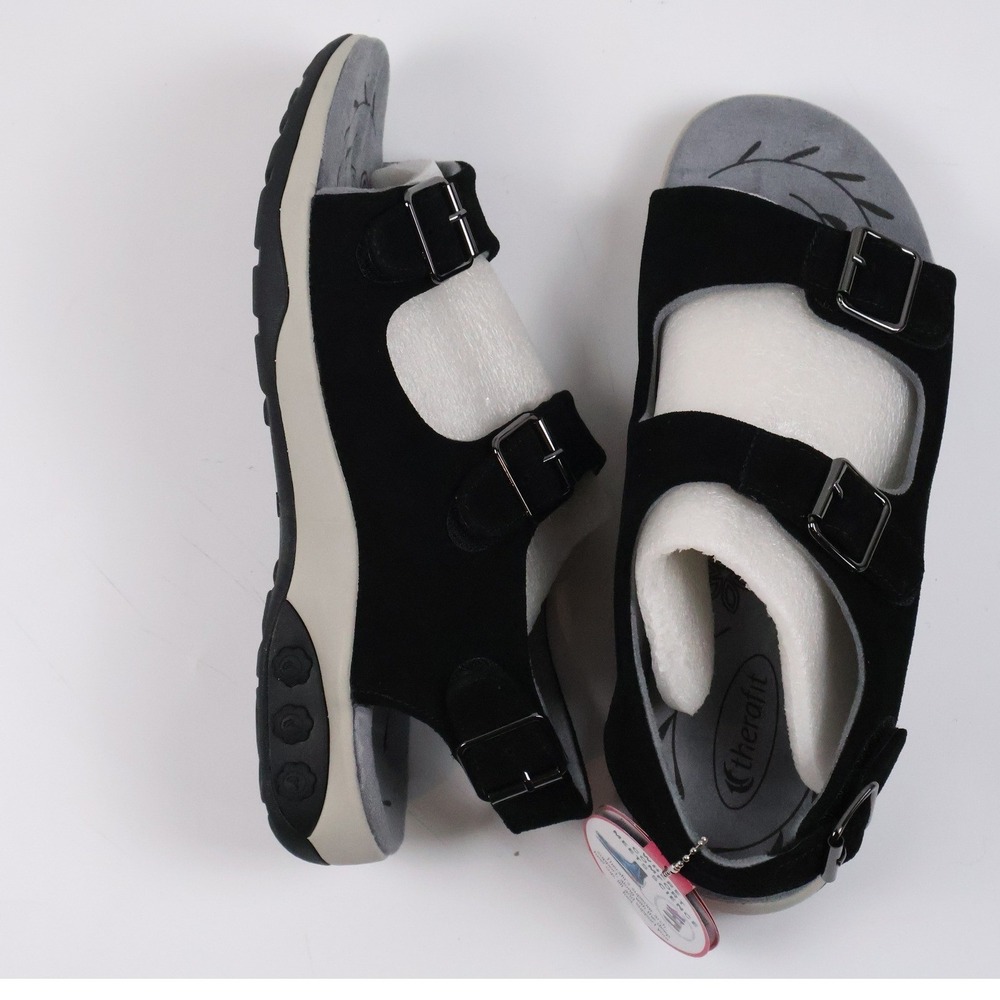Therafit Alice Buckle Comfort Sandal Black Solid 10 NWT $110 MSRP